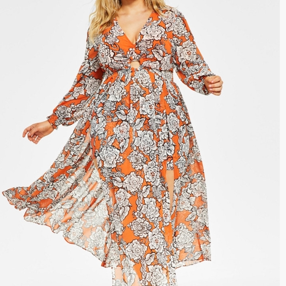 Nina Parker Floral Orange Maxi Dress with matching shorts